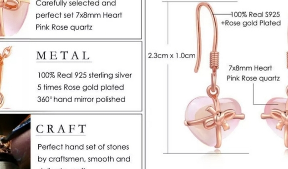 Beautiful Natural Rose Quartz Heart & Bow Earrings - Picture 4 of 4